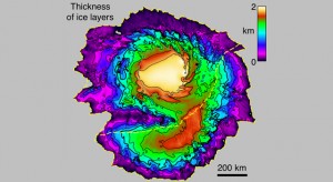 A radar-generated map of the thickness of the layered deposits. Image credit: NASA/JPL-Caltech/University of Rome/Southwest Research Institute/University of Arizona