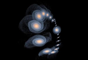 nostrainfora An artist's rendering shows the spiral galaxy of Andromeda, center right, over a period of about three billion years (Illustration by John Dubinski and Larry Widrow)