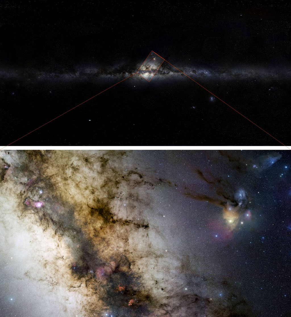 phot-34c-09-fullres The two first images of ESO’s GigaGalaxy Zoom project combined to show the whole panorama of the Milky Way as could be seen with the unaided eye, and a more central region observed with an amateur telescope. Credit:ESO