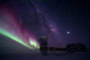 10MSPT_NIGHTSKY2 Auroras over the 10-meter telescope and BICEP (Background Imaging of Cosmic Extragalactic Polarization) at Amundsen-Scott South Pole Station. The 10-meter South Pole Telescope and BICEP both collect data on cosmic microwave background radiation and black matter. Credit: Keith Vanderlinde, National Science Foundation