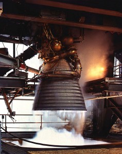 A J-2 engine undergoes static firing. Image Credit: NASA