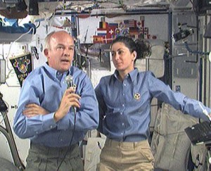160328main_102109 Flight Engineers Jeff Williams and Nicole Stott talk with Twitter followers on Earth during a Tweetup aboard the International Space Station. Credit: NASA TV