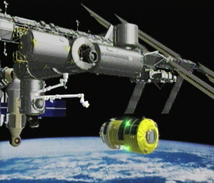160328main_exp21_htv_ungrapple A scene from an animation depicts the Japanese H-II Transfer Vehicle after it is released by the station’s robotic arm, Canadarm2. Credit: NASA TV