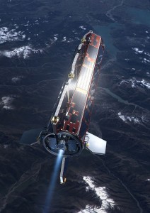 24_H1 The sleek aerodynamic design of GOCE immediately sets it apart from most other satellites. This unique five metre-long satellite has none of the usual moving parts. The whole satellite is a single composite gravity-measuring device. Credits: ESA