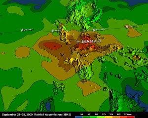390538main_20091001_Ketsana-TRMM_full Data from NASA's TRMM satellite was used to create an enhanced 3-D topographic rainfall map of Ketsana's flooding rains received in the Philippines. The dark yellow and orange areas indicate 375 mm (~15 inches) to over 475 mm (~19 inches), respectively. The red area over Manila indicates almost 2 feet of rain fell. Credit: SSAI/NASA, Hal Pierce