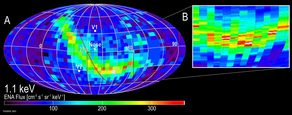 IBEX's all-sky map of energetic neutral atom emission reveals a bright filament of unknown origin. V1 and V2 indicate the positions of the Voyager spacecraft. Credit: NASA IBEX's all-sky map of energetic neutral atom emission reveals a bright filament of unknown origin. V1 and V2 indicate the positions of the Voyager spacecraft. Credit: NASA