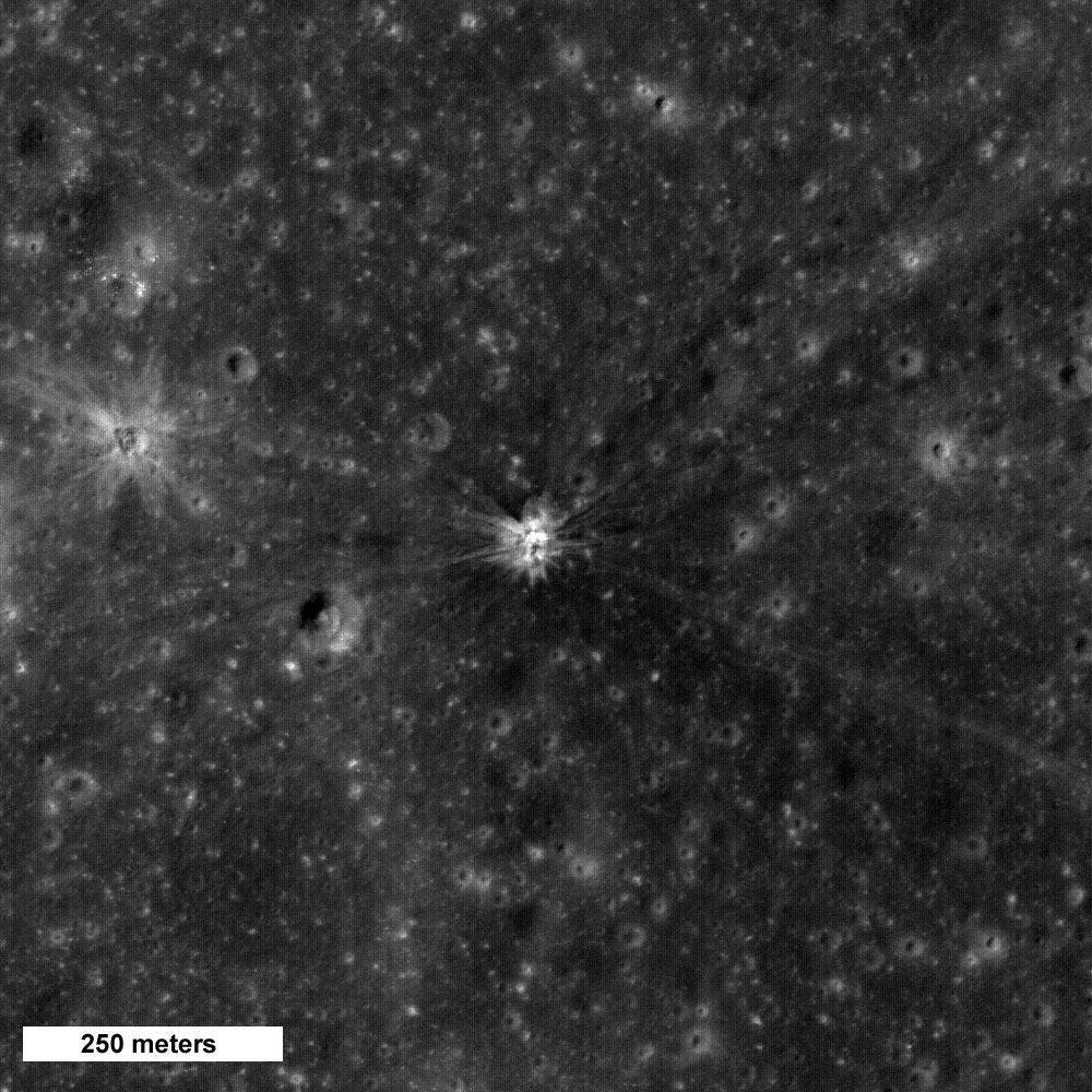 The crater in the center of this image was formed by Apollo 14's Saturn IVB booster. The booster was intentionally impacted into the lunar surface on Feb. 4, 1971. The impact caused a minor "moonquake" that scientists used to learn about the moon's interior structure. Seismometers placed on the surface by Apollo astronauts returned data on the tremor. Credit: NASA/Goddard Space Flight Center/Arizona State University The crater in the center of this image was formed by Apollo 14's Saturn IVB booster. The booster was intentionally impacted into the lunar surface on Feb. 4, 1971. The impact caused a minor "moonquake" that scientists used to learn about the moon's interior structure. Seismometers placed on the surface by Apollo astronauts returned data on the tremor. Credit: NASA/Goddard Space Flight Center/Arizona State University