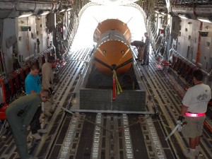 NASA and industry engineers will drop a 72,000 pound test payload from the back of a U.S. Air Force C-17 aircraft from an altitude of 25,000 feet, tying the record for the heaviest load ever extracted from the aircraft during flight . The payload includes the main parachute for the Ares I rocket. NASA and industry engineers will drop a 72,000 pound test payload from the back of a U.S. Air Force C-17 aircraft from an altitude of 25,000 feet, tying the record for the heaviest load ever extracted from the aircraft during flight . The payload includes the main parachute for the Ares I rocket.