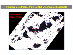 394553main_Visible-Camera-impact-plume Shown is the result of three co-added, stretched LCROSS Visible Light Camera images taken shortly after impact (with 15 seconds following impact). The extent of the plume at 15 sec is approximately 6-8 km in diameter. Credit: NASA