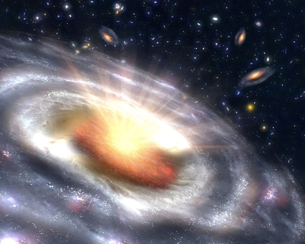 Runaway anti-matter production makes for a spectacular stellar explosion. Credit: NASA This is an artist's concept of a quasar (bright area with rays) embedded in the center of a galaxy. Credit: NASA
