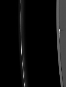 396091main_ring_shadow_full Ring material pulled to spectacular heights above the ring plane by the gravity of the moon Daphnis casts long shadows on Saturn's A ring in this Cassini image taken about a month before the planet's August 2009 equinox. The shadows in this image have lengths as long as 500 kilometers (310 miles), meaning the structures casting the shadows reach heights of almost 4 kilometers (2.5 miles) above the ring plane. Daphnis (8 kilometers, or 5 miles, across) is a bright dot in the Keeler Gap of the A ring on the right of the image. Its gravitational pull perturbs the orbits of the particles of the A ring forming the Keeler Gap's edge and sculpts the edge into waves. Material on the inner edge of the gap orbits faster than the moon so that the waves there lead the moon in its orbit. Material on the outer edge moves slower than the moon, so waves there trail the moon. The thin F ring on the left of the image shows the perturbations caused by the moon Prometheus. Credit: NASA/JPL/Space Science Institute