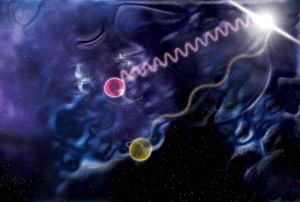 In this illustration, one photon (purple) carries a million times the energy of another (yellow). Credit: NASA In this illustration, one photon (purple) carries a million times the energy of another (yellow). Credit: NASA