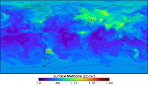 This map shows the distribution of methane at the surface. New research shows that methane has an elevated warming effect due to its interactions with other substances in the atmosphere. Credit: NASA/Goddard This map shows the distribution of methane at the surface. New research shows that methane has an elevated warming effect due to its interactions with other substances in the atmosphere. Credit: NASA/Goddard
