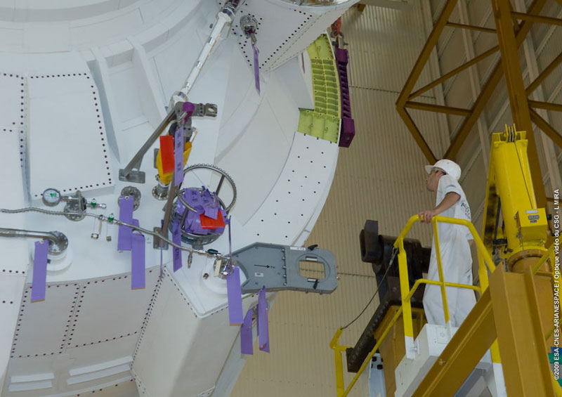Ariane 5’s cryogenic core stage is readied for placement. Credit: Arianespace Ariane 5’s cryogenic core stage is readied for placement. Credit: Arianespace