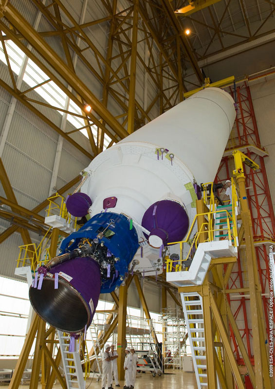 The cryogenic core stage reaches the midway point in its rotation to the vertical position. Credit: Arianespace The cryogenic core stage reaches the midway point in its rotation to the vertical position. Credit: Arianespace