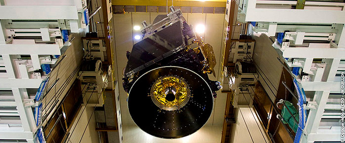 THOR 6 is hoisted inside the Spaceport’s Final Assembly Building for installation on Ariane 5’s central core stage. This telecommunications satellite will be orbited along with SES WORLD SKIES’ NSS-12 relay platform on the upcoming Ariane 5 launch. THOR 6 is hoisted inside the Spaceport’s Final Assembly Building for installation on Ariane 5’s central core stage. This telecommunications satellite will be orbited along with SES WORLD SKIES’ NSS-12 relay platform on the upcoming Ariane 5 launch.