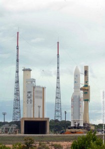 653-img-lg The Ariane 5 with its NSS-12 and THOR 6 payloads approaches the Spaceport's ELA-3 launch zone during today's rollout.