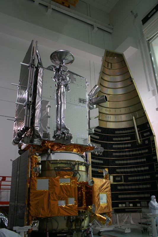LRO (gray) and LCROSS (yellow) lunar spacecraft stacked adjacent to Atlas V payload fairing at Astrotech Payload Facility on May 15, 2009. Credit: Ken Kremer and the Planetary Society. LRO (gray) and LCROSS (yellow) lunar spacecraft stacked adjacent to Atlas V payload fairing at Astrotech Payload Facility on May 15, 2009. Credit: Ken Kremer and the Planetary Society.