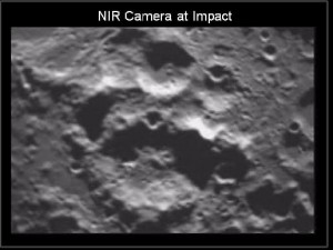 NIR-camera-at-impact1 LCROSS captured this image of the lunar south pole on its way into impact on October 9, 2009. It watched the Centaur upper stage crash into a permanently shadowed area of the crater Cabeus. Credit: NASA / ARC