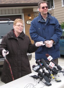 Grimsby homeowner Yvonne Garchinski and Western Physics and Astronomy associate professor Peter Brown speak to national media where a 4.6-billion-year-old meterorite smashed the window of Garchinski's truck Sept. 25. The pair are wearing gloves to protect the meteorite. Grimsby homeowner Yvonne Garchinski and Western Physics and Astronomy associate professor Peter Brown speak to national media where a 4.6-billion-year-old meterorite smashed the window of Garchinski's truck Sept. 25. The pair are wearing gloves to protect the meteorite.