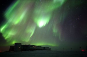 POLEAURORA.6.24.09 The aurora australis over Amundsen-Scott South Pole Station on June 24, 2009. The photographer used a 3 second exposure to capture this. Credit: Patrick Cullis, National Science Foundation