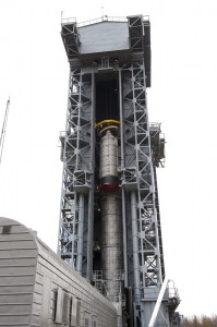 Upper composite is hoisted to the top of the tower. Credit: ESA Upper composite is hoisted to the top of the tower. Credit: ESA