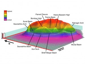This diagram shows a three-dimensional reconstruction of the submerged Shiva crater (~500 km diameter) at the Mumbai Offshore Basin, western shelf of India from different cross-sectional and geophysical data. Credit: Sankar Chatterjee, Texas Tech University This diagram shows a three-dimensional reconstruction of the submerged Shiva crater (~500 km diameter) at the Mumbai Offshore Basin, western shelf of India from different cross-sectional and geophysical data. Credit: Sankar Chatterjee, Texas Tech University