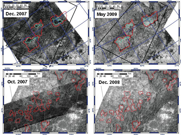 Areas where the Cassini radar has observed transient surface liquid in Titan’s south polar region. The top two images are located near (60S, 210W) and were obtained in December 2007 and May 2009. Empty lake features are outlined in red and filled lakes, observed in the 2007 image, are outlined in cyan. The lake features disappear between observations. The bottom row consists of images near (69S, 90W) obtained in Oct. 2007 and Dec. 2008. Empty lake features observed in Dec. 2008 are outlined in red. The empty lake features in the bottom-left section of the image are dark in Oct. 2007, consistent with liquid-filled lakes. In the Dec. 2008 image the brightness of these features are indistinguishable from the empty lakes in the upper-right section of the image (which are bright in both observations), suggesting surface change. Areas where the Cassini radar has observed transient surface liquid in Titan’s south polar region. The top two images are located near (60S, 210W) and were obtained in December 2007 and May 2009. Empty lake features are outlined in red and filled lakes, observed in the 2007 image, are outlined in cyan. The lake features disappear between observations. The bottom row consists of images near (69S, 90W) obtained in Oct. 2007 and Dec. 2008. Empty lake features observed in Dec. 2008 are outlined in red. The empty lake features in the bottom-left section of the image are dark in Oct. 2007, consistent with liquid-filled lakes. In the Dec. 2008 image the brightness of these features are indistinguishable from the empty lakes in the upper-right section of the image (which are bright in both observations), suggesting surface change.