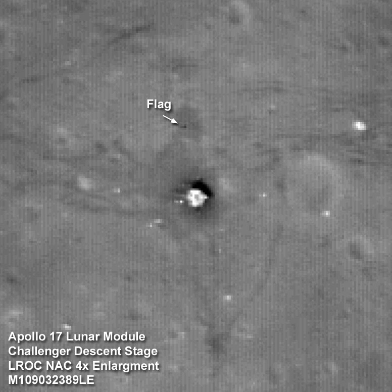 The Apollo 17 Lunar Module Challenger descent stage comes into focus from the new lower 50-km mapping orbit, image width is 102 meters. Credit: NASA The Apollo 17 Lunar Module Challenger descent stage comes into focus from the new lower 50-km mapping orbit, image width is 102 meters. Credit: NASA