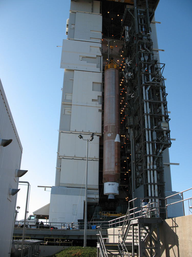 A United Launch Alliance Atlas V rocket is erected at Space Launch Complex-2 at Vandenberg Air Force Base, Calif., in preparation for the DMSP F18 launch set for Oct. 18 at 9:12 a.m. PDT. A United Launch Alliance Atlas V rocket is erected at Space Launch Complex-2 at Vandenberg Air Force Base, Calif., in preparation for the DMSP F18 launch set for Oct. 18 at 9:12 a.m. PDT.