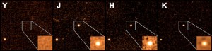 Images of the afterglow of GRB 090423 taken (left to right) with the Y, J, H and K filters. The absence of any flux in the Y filter is a strong indication that the GRB is very high redshift. Credit: A. J. Levan & N. R. Tanvir Images of the afterglow of GRB 090423 taken (left to right) with the Y, J, H and K filters. The absence of any flux in the Y filter is a strong indication that the GRB is very high redshift. Credit: A. J. Levan & N. R. Tanvir