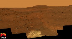 mer20090826-640 This full-circle view from the panoramic camera (Pancam) on NASA's Mars Exploration Rover Spirit shows the terrain surrounding the location called "Troy," where Spirit became embedded in soft soil during the spring of 2009.