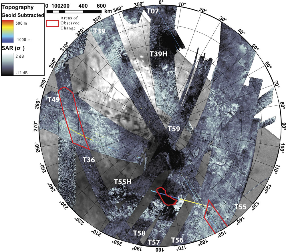 Stereographic projection of Synthetic Aperture Radar (SAR) imagery of Titan’s south polar region obtained between Sep. 2005 and July 2009. The Cassini radar has observed 60% of this area and 9% has repeat coverage. Areas where changes have been detected are outlined in red. Credit: Alex Hayes and Jonathan Lunine Stereographic projection of Synthetic Aperture Radar (SAR) imagery of Titan’s south polar region obtained between Sep. 2005 and July 2009. The Cassini radar has observed 60% of this area and 9% has repeat coverage. Areas where changes have been detected are outlined in red. Credit: Alex Hayes and Jonathan Lunine