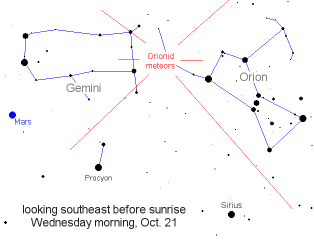 Orionid meteors stream from the elbow of Orion the Hunter. Because the shower's radiant point is close to the celestial equator, sky watchers in both hemispheres can enjoy the show. Orionid meteors stream from the elbow of Orion the Hunter. Because the shower's radiant point is close to the celestial equator, sky watchers in both hemispheres can enjoy the show.