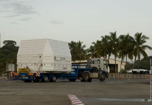 11-24-09_photo-1-lg One of the two Fregat upper stages brought to French Guiana by the MN Colibri is transported from Pariacabo port to the Spaceport.