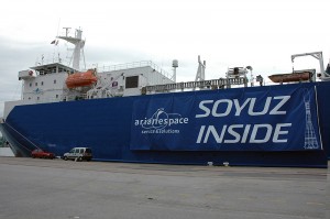 11-5-09-lg The MN Colibri carries a special message on its transatlantic voyage with the first two Soyuz launchers for operation from the Spaceport in French Guiana.