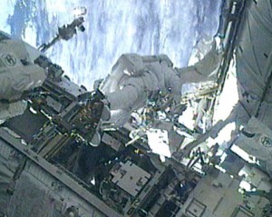 Mission Specialist Robert Satcher works outside the International Space Station during the first spacewalk of the STS-129 mission. Credit: NASA TV Mission Specialist Robert Satcher works outside the International Space Station during the first spacewalk of the STS-129 mission. Credit: NASA TV