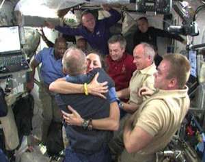 160328main_depart The STS-129 and Expedition 21 crew members are gathered aboard the International Space Station for a farewell ceremony. Photo credit: NASA TV