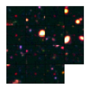 This is a composite of false color images of the galaxies found at the early epoch around 800 million years after the Big Bang. The upper left panel presents the galaxy confirmed in the 787 million year old universe. These galaxies are in the Subaru Deep Field. Credit: M. Ouchi et al. This is a composite of false color images of the galaxies found at the early epoch around 800 million years after the Big Bang. The upper left panel presents the galaxy confirmed in the 787 million year old universe. These galaxies are in the Subaru Deep Field. Credit: M. Ouchi et al.