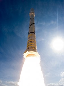 With more than 23 times the power output of the Hoover Dam, NASA’s Ares I-X test rocket soars into blue skies above Launch Pad 39B at NASA's Kennedy Space Center. Credit: NASA With more than 23 times the power output of the Hoover Dam, NASA’s Ares I-X test rocket soars into blue skies above Launch Pad 39B at NASA's Kennedy Space Center. Credit: NASA