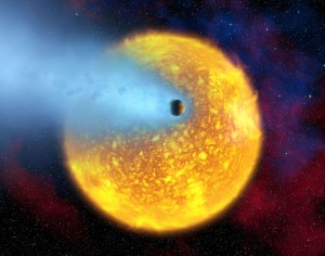 HD 209458’s boiling atmosphere is being ripped from the planet as it orbits its star. Credit: NASA