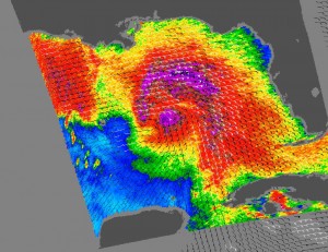 NASA's QuikScat satellite read Ida's sustained wind speeds on Nov. 9. Ida's sustained winds were near 70 mph. White barbs show direction of wind and point to areas of heavy rain. The highest wind speeds are normally shown in purple, which indicate winds over 46 mph. Credit: NASA JPL, Peter Falcon NASA's QuikScat satellite read Ida's sustained wind speeds on Nov. 9. Ida's sustained winds were near 70 mph. White barbs show direction of wind and point to areas of heavy rain. The highest wind speeds are normally shown in purple, which indicate winds over 46 mph. Credit: NASA JPL, Peter Falcon