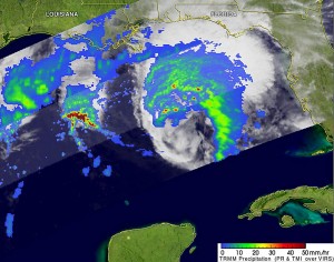 This image of Ida's rainfall was taken from the TRMM satellite on Nov. 9. Scattered convective thunderstorms are shown producing moderate to heavy rainfall of over 50 millimeters per hour (~2 inches) north of the storm and in a strong band on the eastern side. Credit: SSAI/NASA, Hal Pierce This image of Ida's rainfall was taken from the TRMM satellite on Nov. 9. Scattered convective thunderstorms are shown producing moderate to heavy rainfall of over 50 millimeters per hour (~2 inches) north of the storm and in a strong band on the eastern side. Credit: SSAI/NASA, Hal Pierce