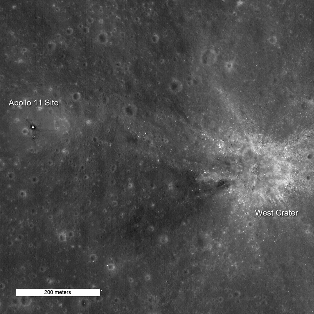 As the Apollo 11 Lunar Module (LM) neared the surface, Neil Armstrong could see the designated landing area would have been in a rocky area near West Crater. He had to change the flight plan and fly the LM westward to find a safe landing spot. This image is 742 meters wide (about 0.46 miles). North is towards the top of the image. Credit: NASA/GSFC/Arizona State University As the Apollo 11 Lunar Module (LM) neared the surface, Neil Armstrong could see the designated landing area would have been in a rocky area near West Crater. He had to change the flight plan and fly the LM westward to find a safe landing spot. This image is 742 meters wide (about 0.46 miles). North is towards the top of the image. Credit: NASA/GSFC/Arizona State University