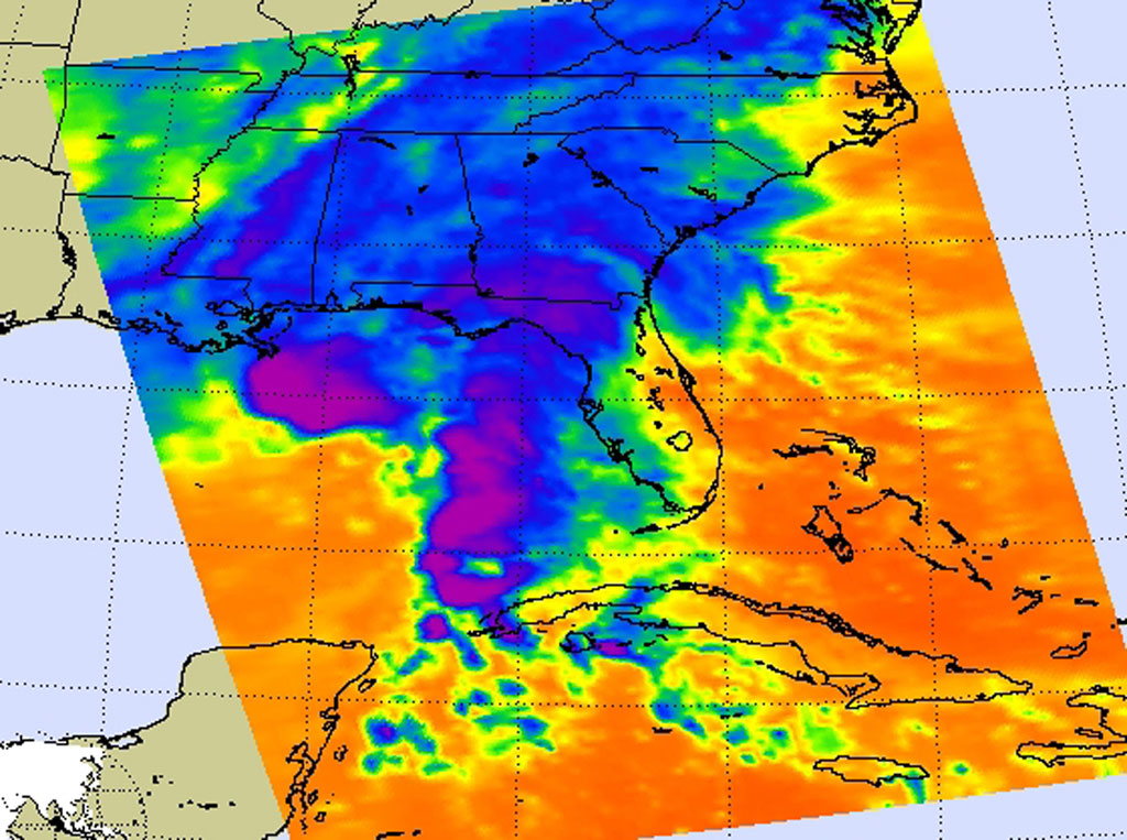 NASA's Aqua satellite captured cold thunderstorm cloud tops of Ida in this infrared image from November 9. Ida's clouds and rains have spread over Louisiana, Mississippi, Alabama, Tennessee, Georgia and Florida as its center approaches the coast. Credit: NASA JPL, Ed Olsen NASA's Aqua satellite captured cold thunderstorm cloud tops of Ida in this infrared image from November 9. Ida's clouds and rains have spread over Louisiana, Mississippi, Alabama, Tennessee, Georgia and Florida as its center approaches the coast. Credit: NASA JPL, Ed Olsen