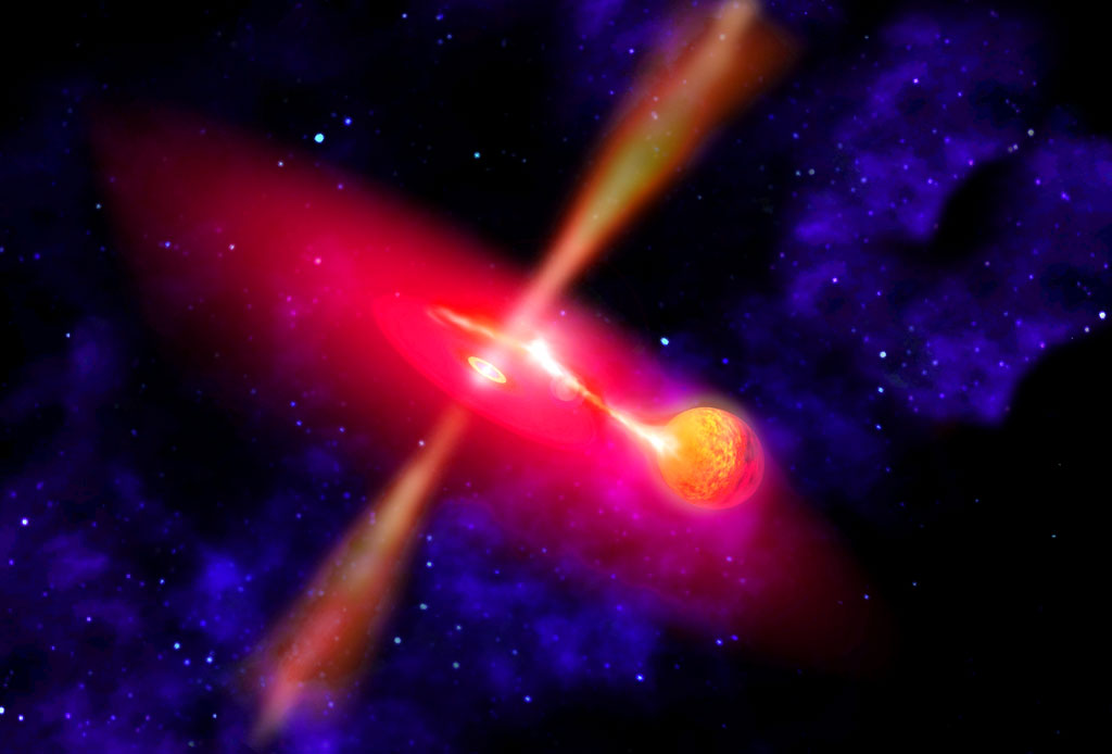 wift X-ray observations of galaxy NGC 5408 indicate its ultraluminous X-ray source undergoes periodic changes every 115.5 days. This cycle, astronomers suspect, is linked to the orbit of a donor star around a middleweight black hole, as shown in this artist's view. Credit: NASA wift X-ray observations of galaxy NGC 5408 indicate its ultraluminous X-ray source undergoes periodic changes every 115.5 days. This cycle, astronomers suspect, is linked to the orbit of a donor star around a middleweight black hole, as shown in this artist's view. Credit: NASA