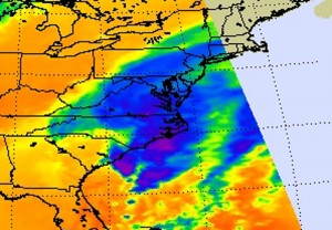 NASA AIRS imagery on November 11 at 1:30 p.m. ET show the thunderstorms raining over eastern Virginia, North Carolina, Maryland and Delaware were as cold as -27F (in blue), not as cold and high as seen in powerful hurricanes, but still with the ability to create moderate rainfall. Credit: NASA JPL, Ed Olsen NASA AIRS imagery on November 11 at 1:30 p.m. ET show the thunderstorms raining over eastern Virginia, North Carolina, Maryland and Delaware were as cold as -27F (in blue), not as cold and high as seen in powerful hurricanes, but still with the ability to create moderate rainfall. Credit: NASA JPL, Ed Olsen