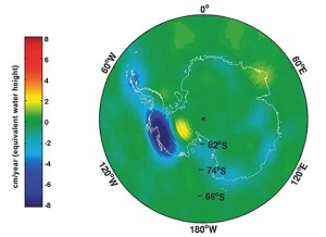 Estimate of changes in Antarctica's ice mass, measured in centimeters of equivalent water height change per year. Credit: NASA Estimate of changes in Antarctica's ice mass, measured in centimeters of equivalent water height change per year. Credit: NASA