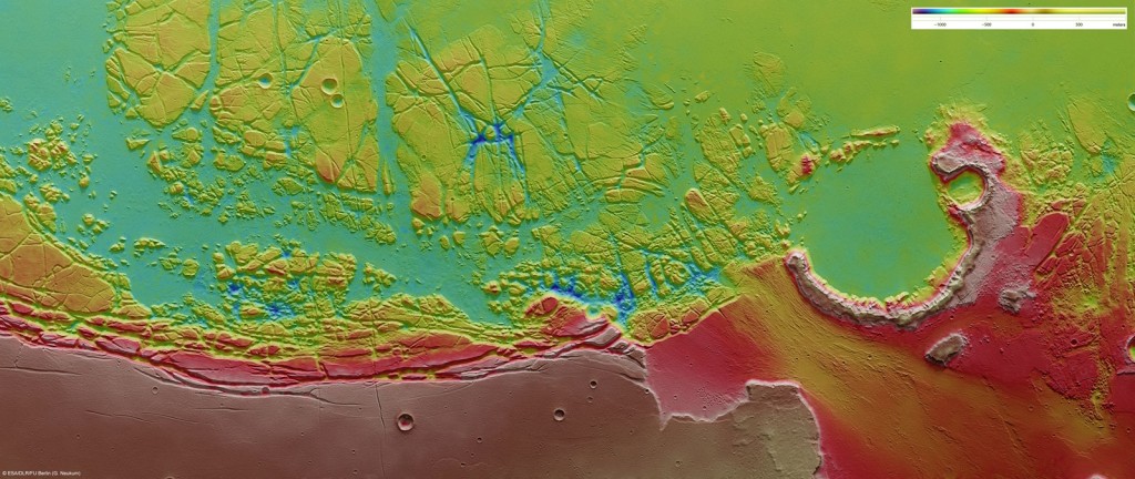 Kasei Valles and Sacra Fossae ortho-image. North is to the right. Credit: ESA Kasei Valles and Sacra Fossae ortho-image. North is to the right. Credit: ESA