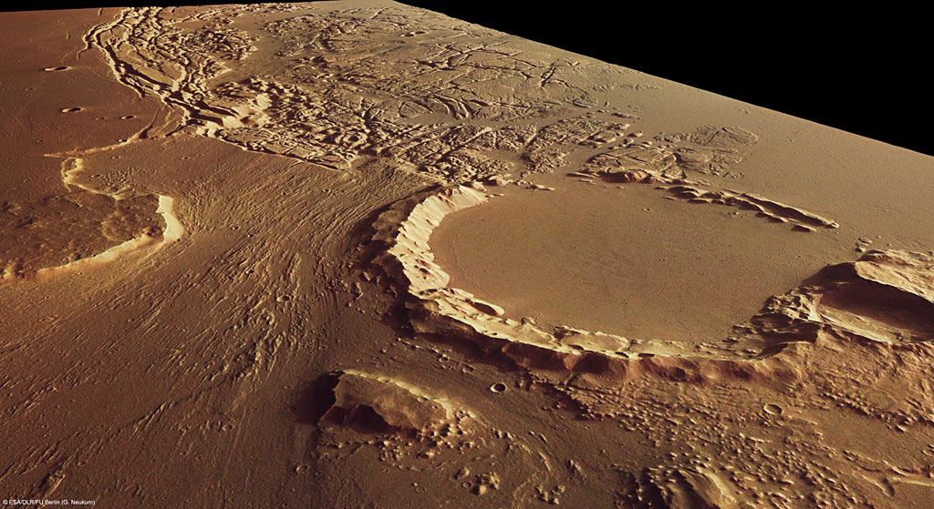 Kasei Valles and Sacra Fossae, in perspective. Credit: ESA Kasei Valles and Sacra Fossae, in perspective. Credit: ESA